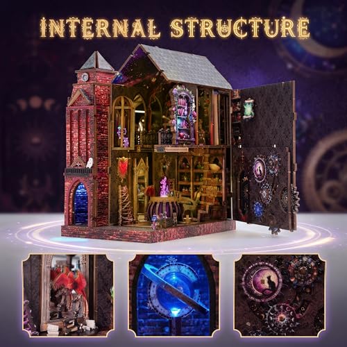 Book Nook Kit, DIY Miniature House Dollhouse Crafts Kit for Adults and Teens, Magic Castle 3D Wooden Puzzle Booknook Build Bookshelf Decor, Gifts for Family and Friends(Arcane Sprire)
