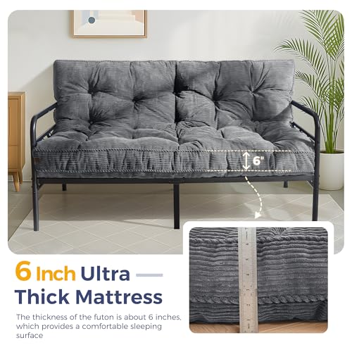 MAXYOYO 6" Futon Mattress Full Size, Tufted Futons Sofa Couch Bed with Twisted Rope Design Edging, Thick Corded Fabric Floor Mattress for Adults, Shredded Foam Filling (Frame Not Included), Dark Grey MAXYOYO