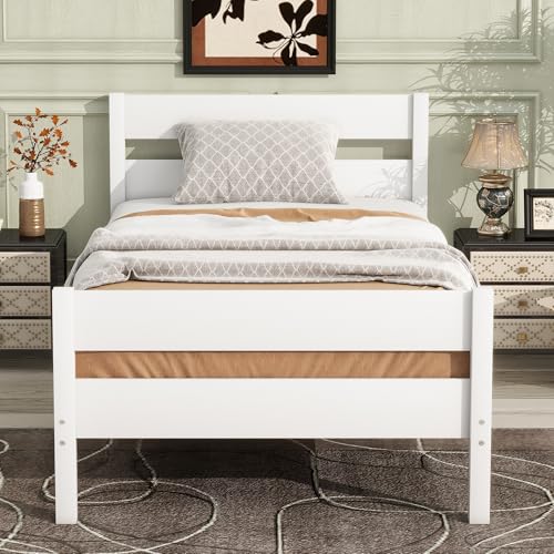 Ball & Cast Twin Bed Frame with Single Panel Headboard and Footboard,Wooden Platform Bed No Box Spring Needed,Wood Slat Support Mattress Foundation,White Ball & Cast