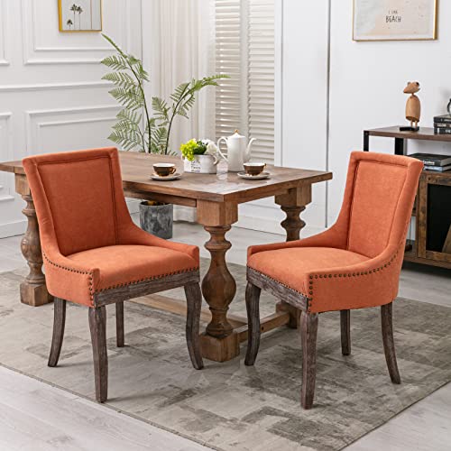 Aoowow Fabric Farmhouse Upholstered Side Chairs Set of 2, Vintage Solid Wood Kitchen Dining Room Chairs with Nailheads Solid Wood Legs (Orange) Aoowow