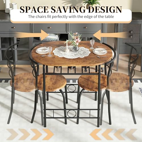 VECELO 3-Piece Dining Table Set for Kitchen Breakfast Nook, Wood Grain Oval Tabletop and Metal Frame with Built-in Wine Rack, for Small Spaces, Antique Brown & Black VECELO