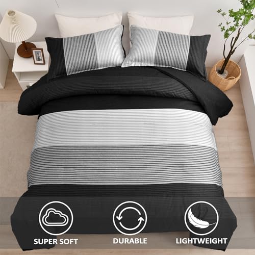 WONGS BEDDING Black Comforter Set Full, Reversible Black Grey Stripe Down Alternative Comforter for All Season,3 Pieces(1 Patchwork Comforter+2 Pillowcases), Soft Microfiber Bedding Set 78”×90” WONGS BEDDING
