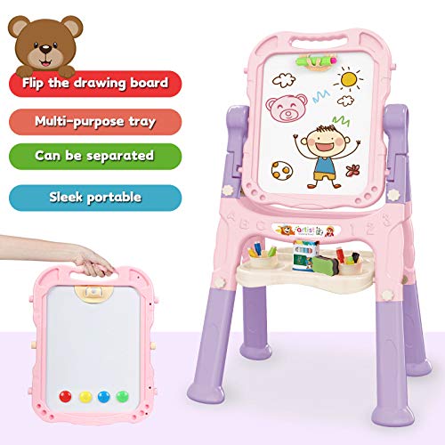 Mojitodon Art Easel for Kids, Adjustable Standing Rotatable Double Sided Easel with Painting Accessories for Toddlers Boys and Girls-Pink Mojitodon