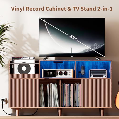 fineway Large Record Player Stand with Power Outlets & LED Lights, Record Player Table Cabinet with Vinyl Record Storage Holds up to 500 Albums, Turntable Stand for Living Room, Bedroom fineway