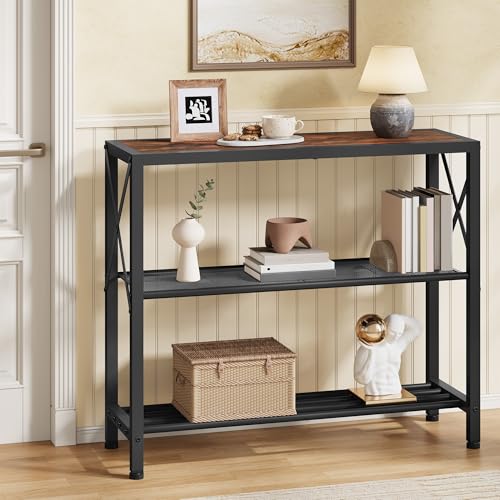Hoctieon Industrial Console Table, 3-Tier Entryway Tables, Metal Frame, Sofa Table with Shelf, Hallway Tables, Entrance Desk for Entryway, Living Room, Foyer, Hallway, Rustic Brown&Black Hoctieon