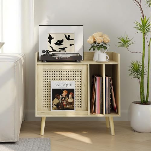 Kiasthome Large Record Player Stand with Storage Cabinet & Rattan Magazine Rack, Vinyl Record Storage Side Table with Solid Wood Legs for Living Room, Bedroom Kiasthome