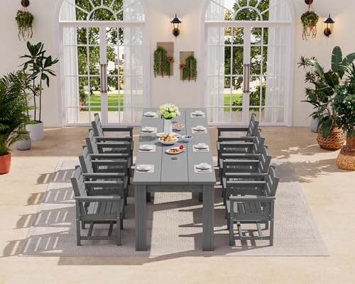 SERWALL Patio Dining Sets for 8, Outdoor Dining Sets for 8 Person with 2 Umbrella Hole Cut-Out Rectangular Tables and 8 Chairs, HDPE Dining Sets for Garden, Backyard, Poolside, Gray SERWALL
