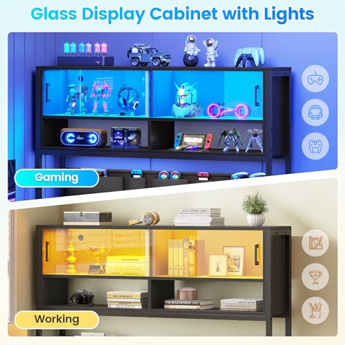 SEDETA L Shaped Gaming Desk, Home Office Computer Desk with 2 Drawer and Bookshelf, L Shaped Gaming Desk with LED Light, Glass Cabinet and Storage Bag, Corner Desk with Storage Shelves, Black SEDETA