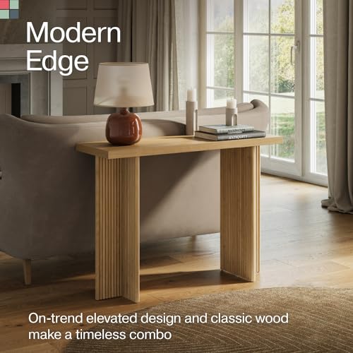 Stead Modern Console Table - Natural Oak, Fluted Solid Wood - Slim Entryway Table with Drawers & Curved Cross Base Stead