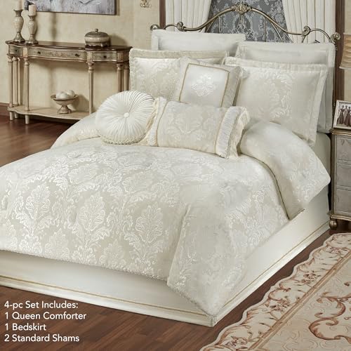 Touch of Class Camelot Luxury Bedding | Neutral Soothing Ivory | Matte Satin Damask on Richly Textured Jacquard-Woven Chenille 4 Piece Set Includes Queen Comforter, Bedskirt, and 2 Standard Shams Touch of Class