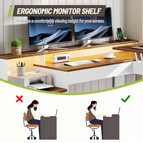 STHYTON Farmhouse 63" L Shaped Standing Desk, Corner Computer Desk with Drawers, Office Desk with File Drawers with RGB Lighting & Charging Station, Monitor Stand and Storage Shelves, White and Walnut STHYTON
