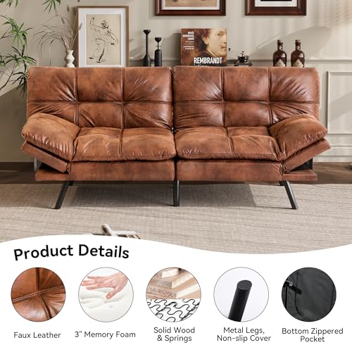 Vyfipt 71" Convertible Futon Sofa Bed,3-in-1 Faux Leather Fabric Futon Couch with Memory Foam, Modern Foldable Sleeper Loveseat for Small Spaces, Living Room,Office & Apartment,Brown Vyfipt