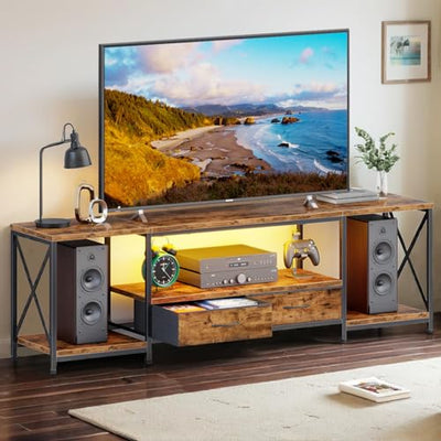 DSAFGGY LED TV Stand with Fabric Drawers, Entertainment Center for 75 80 Inches TV Console Table with Storage Shelves for Living Room, Bedroom, Television Stands 71" Rustic Brown