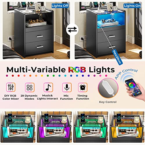 VIAGDO Nightstand with Charging Station and LED Lights, Black Night Stand with Glass Top and Storage Drawers, End Side Tables with Pull-Out Tray and USB Ports, Modern Bedside Tables for Bedroom VIAGDO