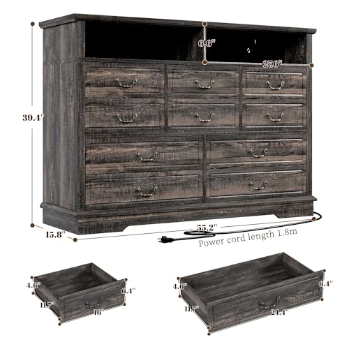 EnHomee 55.2''Wide Dresser for Bedroom Wood Dresser with LED & Power Outlet Vintage 10 Drawer Dressers & Chests of Drawers Long Dresser TV Stand, Closet,Hallway, Dark Rustic Oak EnHomee