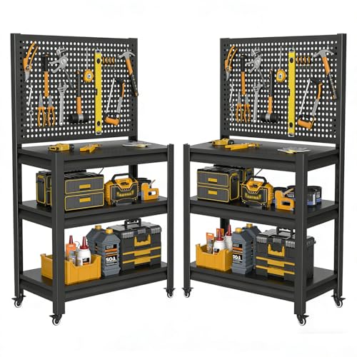 2 Sets Work Bench with Pegboard,Heavy Duty 3000lbs Capacity Workbench with Wheels Adjustable Shelves,Tool Cart,Work Table 47.2" H*33.46" W*18" D PLMFJQK