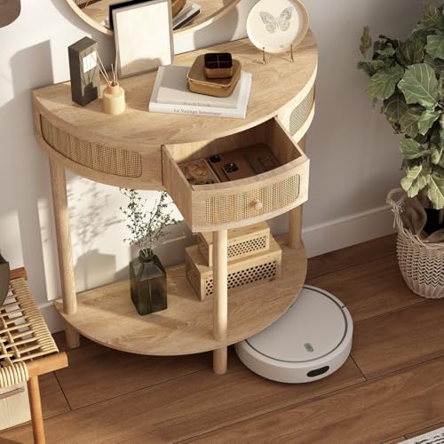 RowyPoey Rattan Half Moon Console Table-Modern Small Entryway Table with Rattan Drawer and Storage Shelf, Boho Farmhouse Wood Sofa Table for Living Room Hallway Foyer Sofa Side, Natural RowyPoey