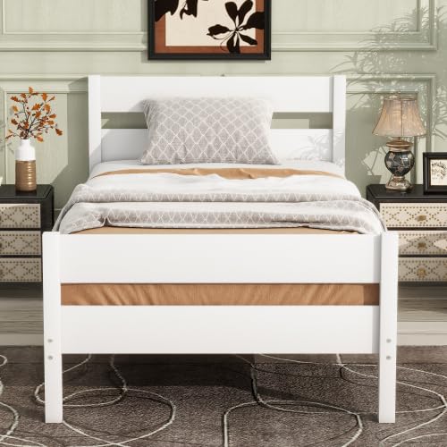 Duxelifin Twin Bed Frames Wood, Wood Twin Bed Frame with Headboard and Footboard, Platform Bed for Bedroom, Guset Room, No Box Spring Needed, White Duxelifin