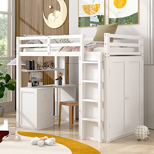 Harper & Bright Designs Twin Loft Bed with Desk and Wardrobe, Solid Wood Loft Bed Frame with Storage Drawers, for Kids Teens Adults (Twin Size, White) Harper & Bright Designs