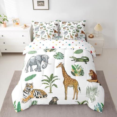 Erosebridal Wild Animal Kids Bed in A Bag Twin 7 Piece Cartoon Elephant Giraffe Comforter Set Safari Animals Bedding Sets for Kids Crocodile Tiger Zebra Palm Tree Tropical Sheet Set with Comforter Erosebridal