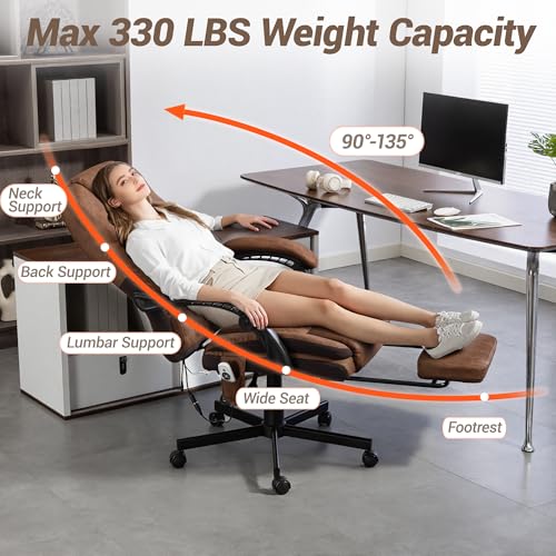WENTUM Massage Office Chair with Foot Rest, 6 Points Vibration Heating Executive Chairs Ergonomic Home Office Desk Chair with Reclining Backrest, Adjustable Arms and Lumbar Support-Brown WENTUM