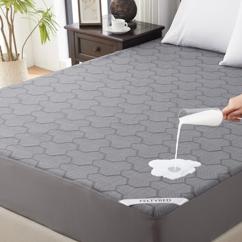 Queen Size Waterproof Mattress Protector, 40% Rayon Derived from Bamboo Grey Mattress Pad Cover, 3D Air Fabric Breathable Mattress Pad Fitted with Deep Pocket 6"- 15" Machine Washable FELTYBED