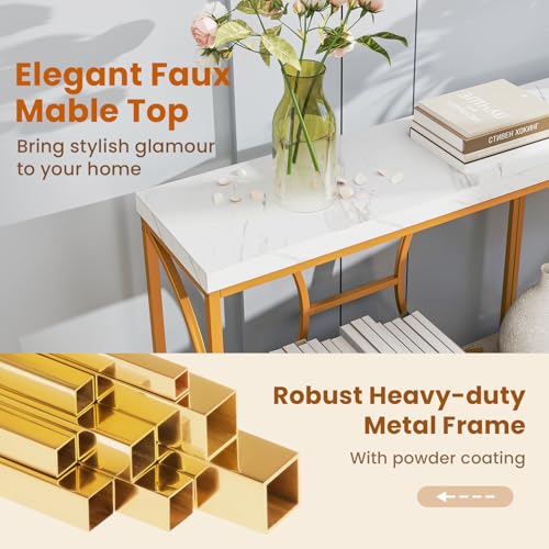 GOFLAME 71” Extra Long Console Table, 2-Tier Faux Marble Entryway Table with Storage Shelf, Geometric Metal Frame, Modern Gold Accent Table, Narrow Sofa Table for Living Room, Hallway GOFLAME