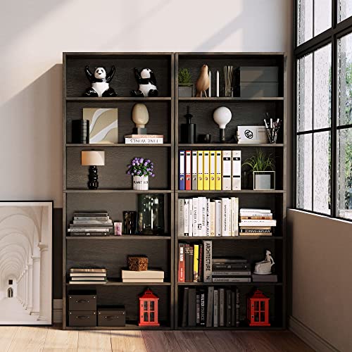 IRONCK 6-Tier Charcoal Grey Bookshelf - Tall Floor Standing Bookcase for Home Office and Living Room IRONCK