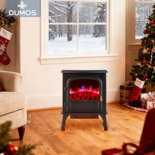 DUMOS 26” Freestanding Electric Fireplace Heater, Electric Fireplace Stove with 3D Flame Effect & Remote Control, Stylish Stove for Home with Safety Features, Adjustable Heat & 12H Timer, Inky DUMOS