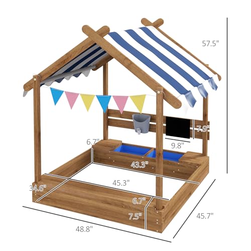 Outsunny Wooden Sandbox with Canopy, Kids Sand Pit with Liner, Blackboard, Sink, Playset, Flags, House Design, Outdoor Sandbox for 3-7 Years Old, 49" x 46" x 57.5", Brown Aosom