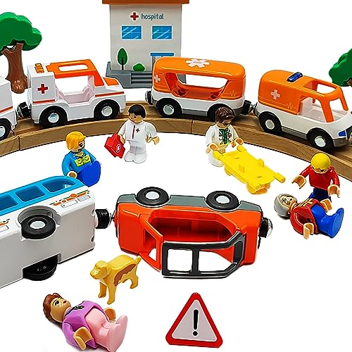 Magnetic Trains Cars Playset Wooden Train Track Accessories Train Set for Toddlers 3-5 Wooden Train Sets for Boys Ages 2-4-7 (Ambulance B (with Light and Sound)) DSHMIXIA