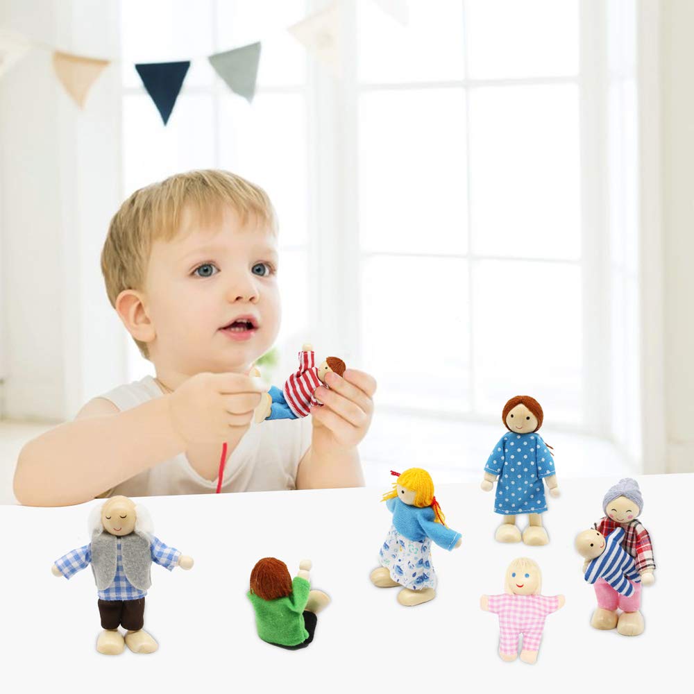 PUCKWAY Lovely Family Dollhouse Dolls Set of 8 Wooden Figures, Kids Girls Happy Playset Characters Accessories for Children Pretend Gift PUCKWAY
