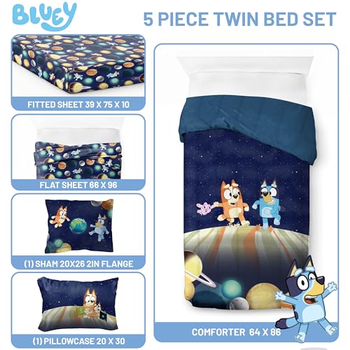 Jay Franco Kids Comforter Set Includes Sheets and Pillow Covers - Soft and Cozy Bed Set for Stylish Room Decor, Blue - Bluey & Bingo, 5 Piece Twin Jay Franco