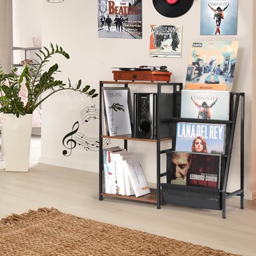 HYCFYJR Record Player Stand, 3-Tier Vinyl Record Storage, Turntable Stand with Now Playing Holder, Vinyl Display for Living Room, Rustic Brown HYCFYJR
