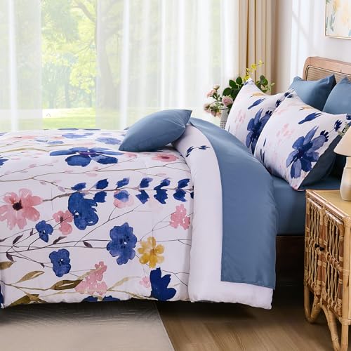 Anibedding Blue Floral Comforter Set King Size, 8 Piece Botanical Flower Bed in a Bag, Reversible Design Comforter, Soft Microfiber Complete Bedding Sets for All Season (Blue,90"x104") Anibedding