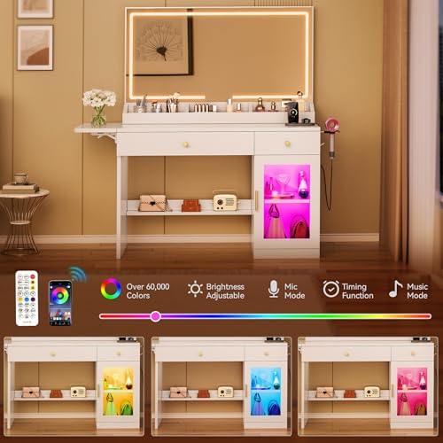 YITAHOME Vanity Desk with Mirror and Lights, RGB Cabinet, Extral Foldable Desk, Makeup Desk with Large Mirror and Power Outlets, Vanity Table Set Bedroom, Dressing Room, White YITAHOME