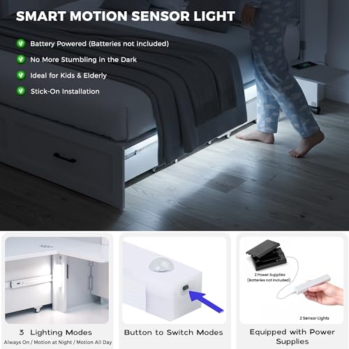 Kikihouse Murphy Bed with Motion Sensor Lights, Full Size Murphy Cabinet Bed Hideaway Bed with Storage & Charging Station for Bedroom/Guest Room/Office, Foldable Platform Bed Frame, White Kikihouse