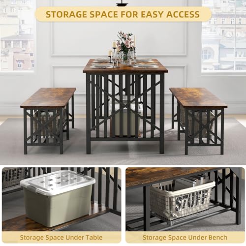 DWVO 3-Piece Dining Table Set for 4-6 People, 63" Dining Room Table with 2 Benches, Industrial Rectangular Dining Room Table Set with Storage for Kitchen, Dining Room, Rustic Brown DWVO