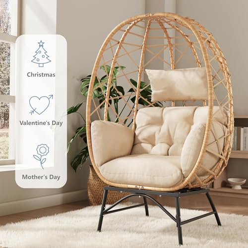 SWITTE Wicker Egg Chair Outdoor, Oversized Patio Lounge Chairs with Cushion for Indoor Living Room, Bedroom, Outside Backyard Balcony-Beige SWITTE