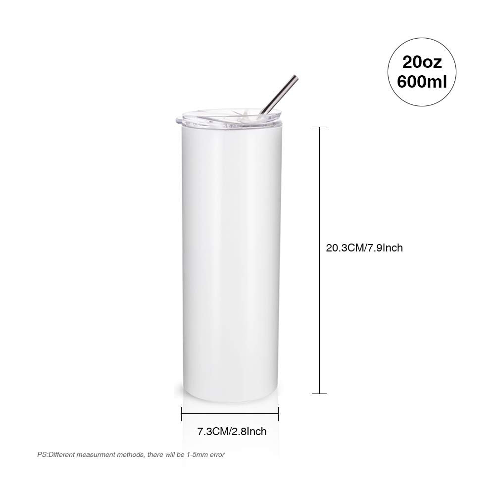 PYD Life 2 PCS Sublimation Blanks Skinny Tumbler White 20 OZ Straight Double Wall Stainless Steel Tumbler with Metal Straw Tumbler Cups for Tumbler Heat Press Machine Heat Transfer PYD Life