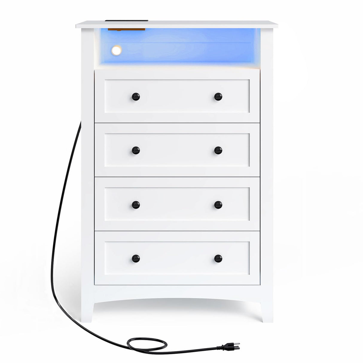 HAIOOU 4 Drawer Dresser with Open Storage Shelf, 47.4" Tall Chest of Drawers Vertical Wooden Clothing Organizer with Power Outlets and Ambiance Light for Bedroom, Closet, Hallway - Modern White HAIOOU