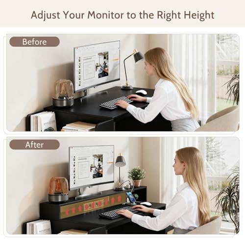 Vividwood Farmhouse Computer Desk with Drawers and Power Outlets, 60” Home Office Desk with Adjustable File Drawer, Cat Scratching Pad, Printer Stand, Shelves & Monitor Riser, Black Vividwood