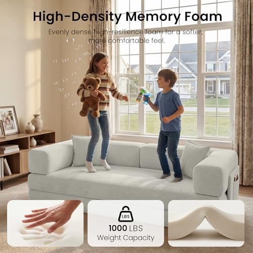 CUBENTE 78.8" Convertible Sofa Bed,Corduroy Futon Couch with Storage Pocket,Folding Pull Out Futon Sofa,No Assembly Boneless Couch for Living Room, White CUBENTE