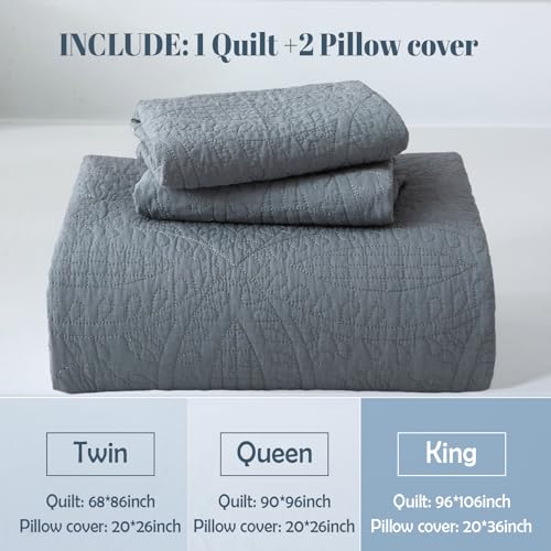 Aqzuxira Gray 100% Cotton Quilt Set Queen Size, 3 Piece Modern Textured Bedspread with Coin Pattern, Lightweight Crinkly Coverlet Sham Set, Soft Minimalist All Season Bedding, Garment-Washed Aqzuxira