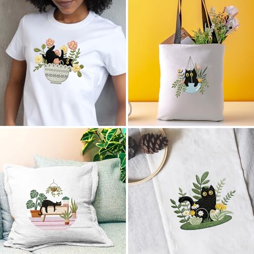 INFUNLY 4 Sets Cat Embroidery kit DIY Embroidery Kit for Beginners Cat Embroidery Set Plant Cats Cross Stitch Kit for Adults with Plastic Embroidery Hoops Threads and Instructions
