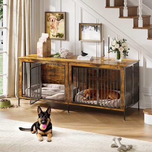 Garvee XL Dog Crate Furniture for 2 Dogs, Heavy Duty Double Dog Crates for Medium/Large Dogs, Dog Kennel Furniture Indoor As TV Stand, Extra Large 78.74" w, Rustic Brown Garvee