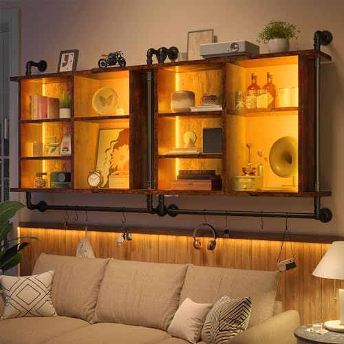 REIBII Led Floating Shelves for Wall 37" Kitchen Shelves for Wall Storage Industrial Pipe Shelving with 8 S-Hook Wood Wall Mounted Shelves for Bathroom Wall Wine Coffee Bar Rack Living Room Deco REIBII