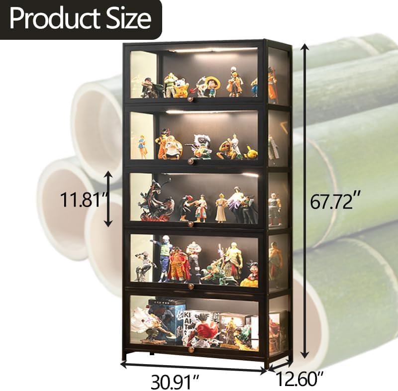 QOEUDD Curio Display Cabinet with Acrylic Glass Door, 5-Tier Tall Display Case, Curio Cabinet & Bookcase for Collectibles, Display Shelf for Home, Reading Nook, Playroom, Living Room QOEUDD