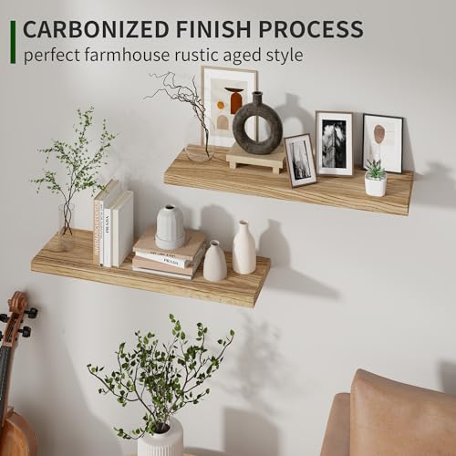 Floating Shelves, 24 Inch Wall Shelf Set of 2, Rustic Wood Shelves for Wall Storage, Wall Mounted Wooden Display Shelf for Bathroom Bedroom Kitchen, Carbonized Black Marsmiles