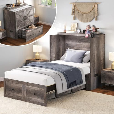 LUXOAK Twin Murphy Bed with Built-in Charging Station and Storage Drawer, Farmhouse Foldable Cabinet Bed for Guest Room, Apartment or Home Office, Rustic Grey